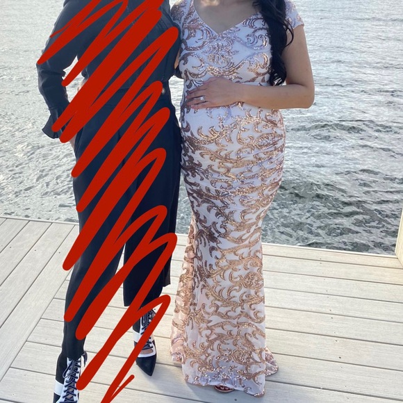 PinkBlush Maternity Ivory Gold Sequin Gown - Picture 2 of 7